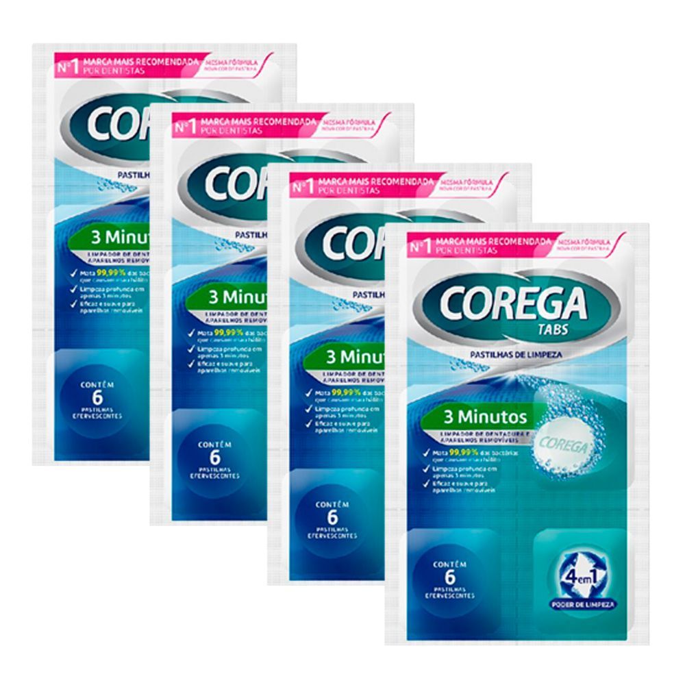 Kit 4 Corega Tabs Limpador de Dentadura 3 Minutos com 6 Pastilhas Efervescentes em Oferta na Shopee