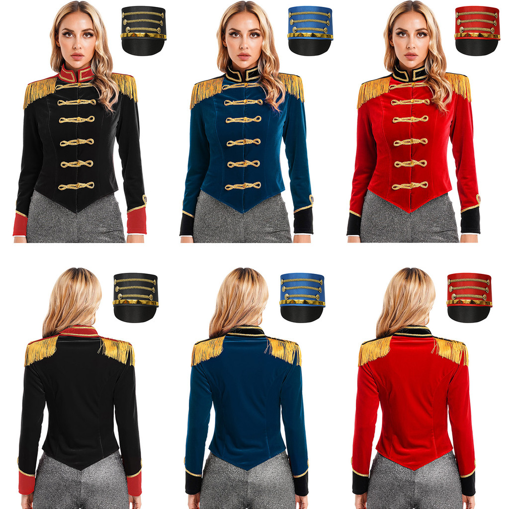 Yeahdor Feminino Circo Ringmaster Cosplay Festa Carnaval Traje Roupa Manga Longa Gola Franja Ombro Jaqueta Casaco Com Ch