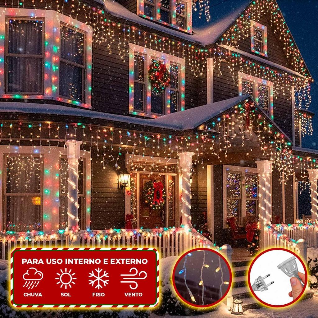 Pisca Pisca Cascata de Natal 2,5 Metros 100 LEDS Colorido 110V Decoração Externa Casa Varanda