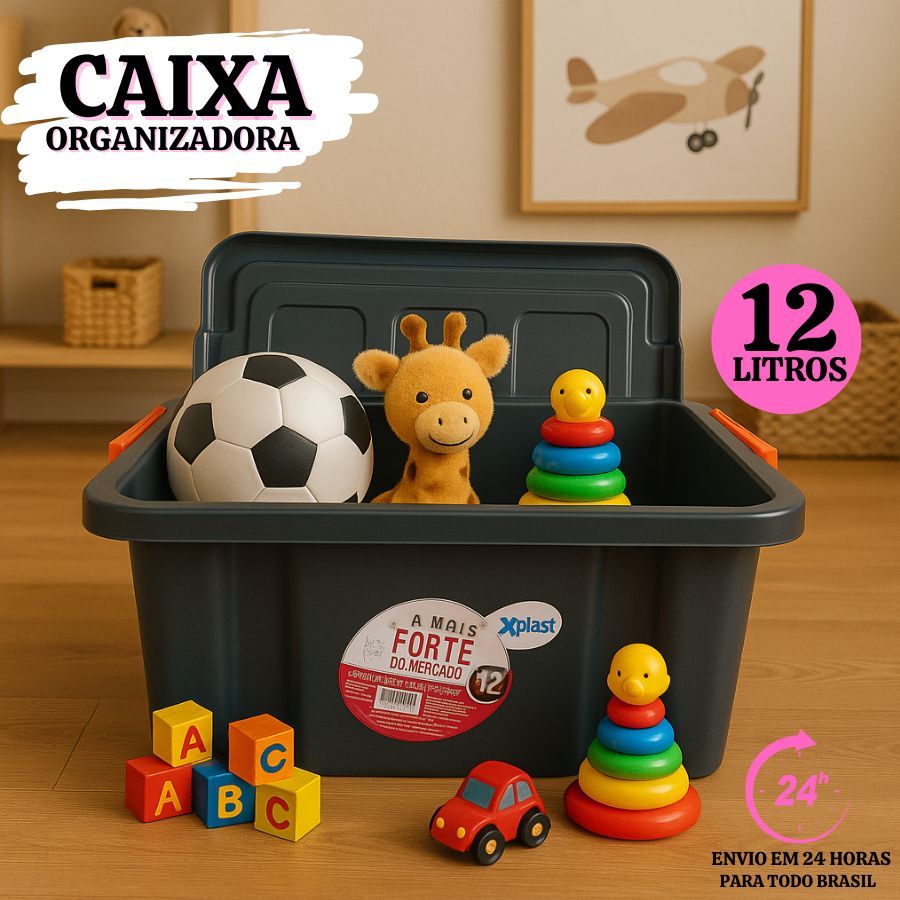 Caixa Organizadora Preta Xplast 12L C/ Tampa e Trava Cesto P/ Brinquedos e Multiuso