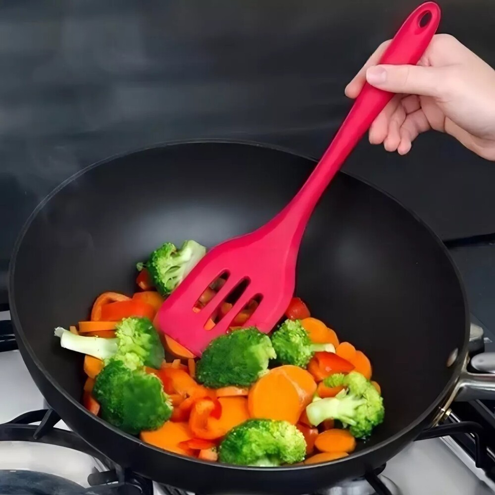 Espátula Vazada em Silicone Vermelha 30cm - Ideal para Frituras e Servir Refeições