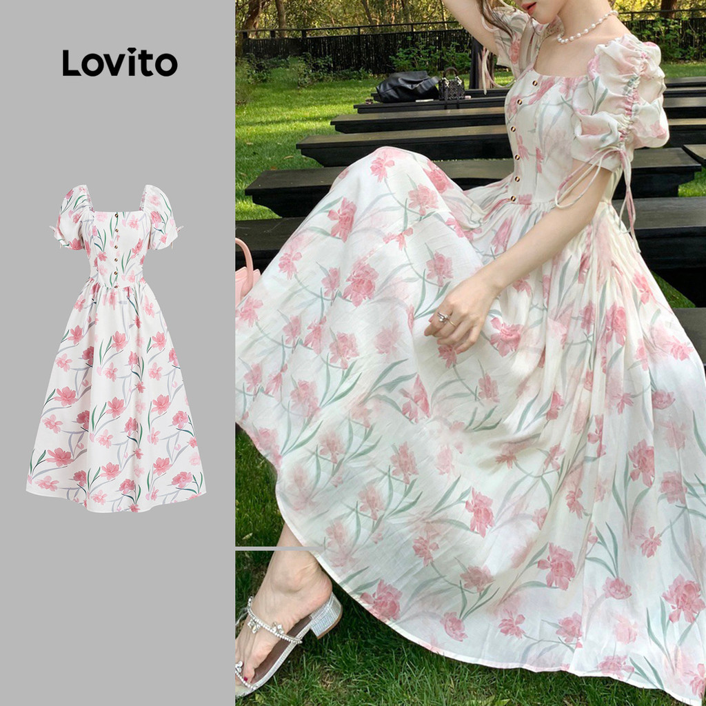 Lovito Vestido Casual Estampa Floral Botões Frontais Zíper Amarração Primavera/verão Perfeito Para Mulheres LBL27389 em Oferta na Shopee