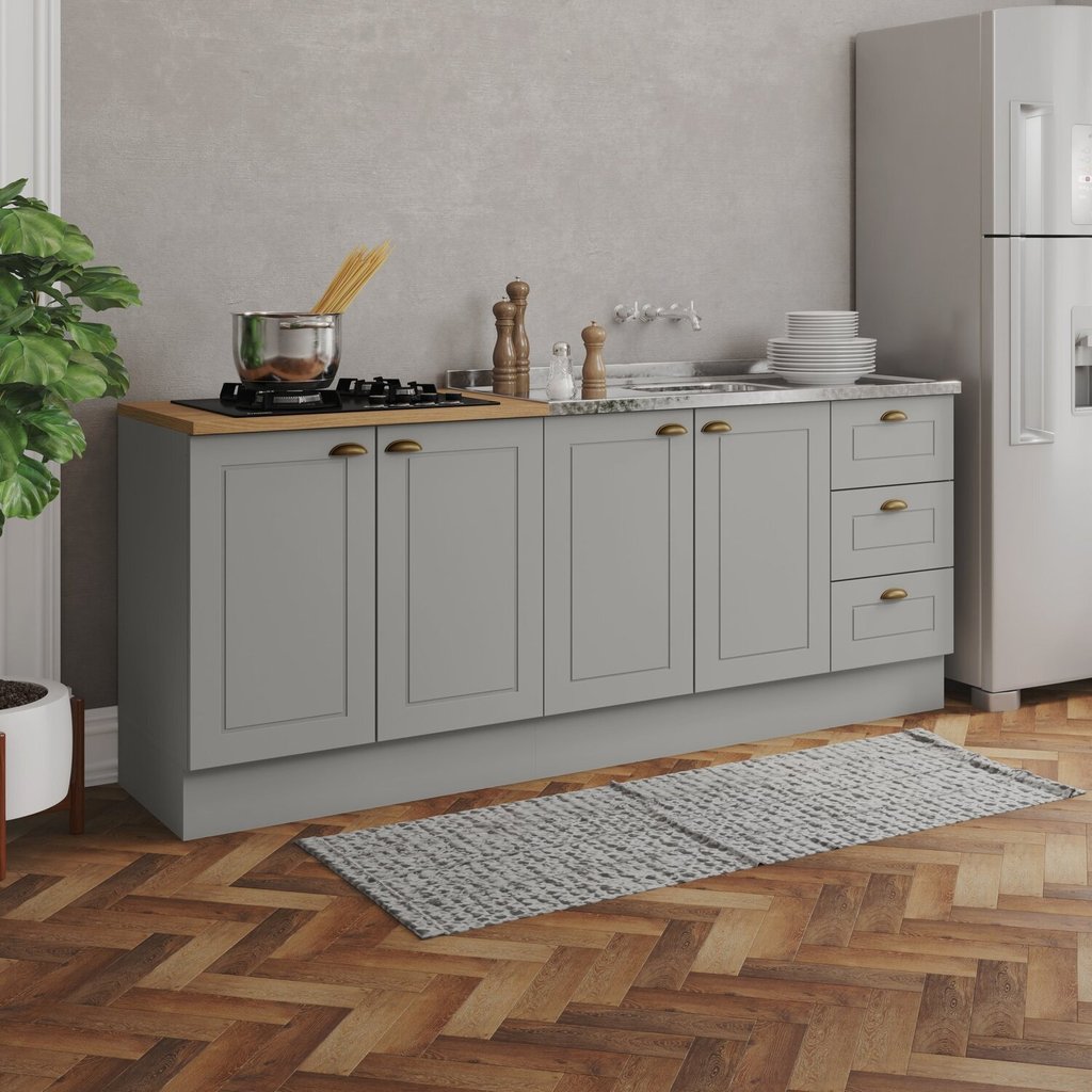 Cozinha Compacta 2 Peças 100% Mdf com Tampo para Cooktop Americana Cinza/Nature