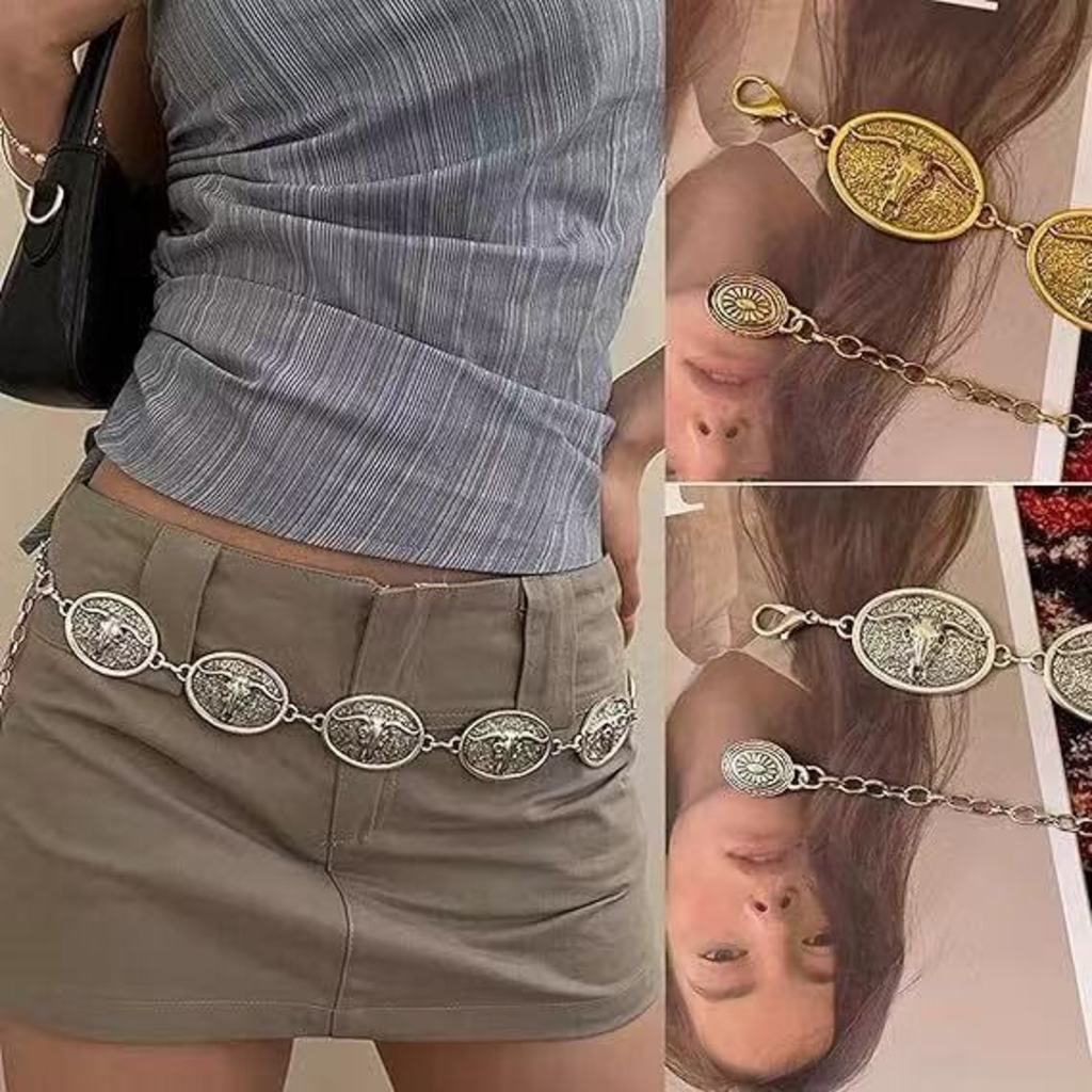 Cinto Corrente De Metal Fivela Country Touro Western Boho em Oferta na Shopee