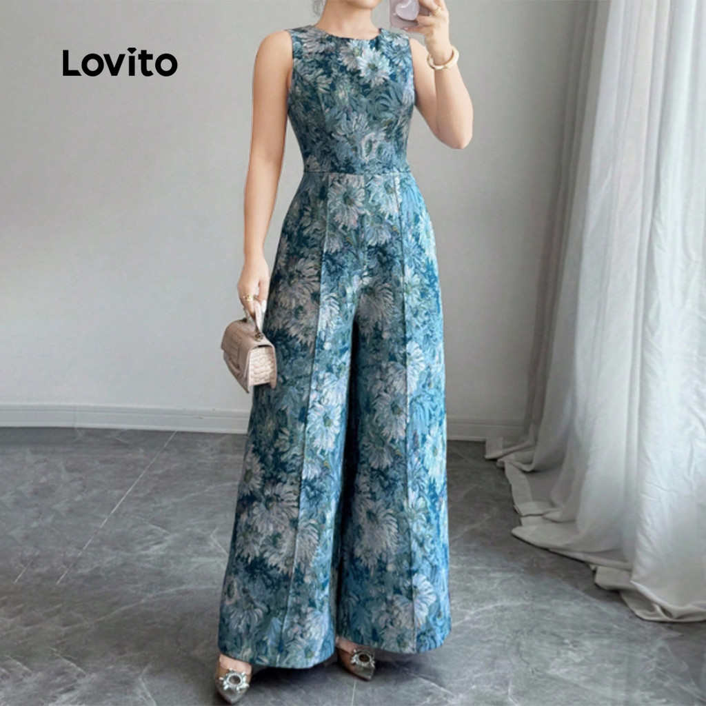 Detalhes do Lovito Macacão Boho com Zíper Primavera/verão Macacão Azul para mulheres L167ED011