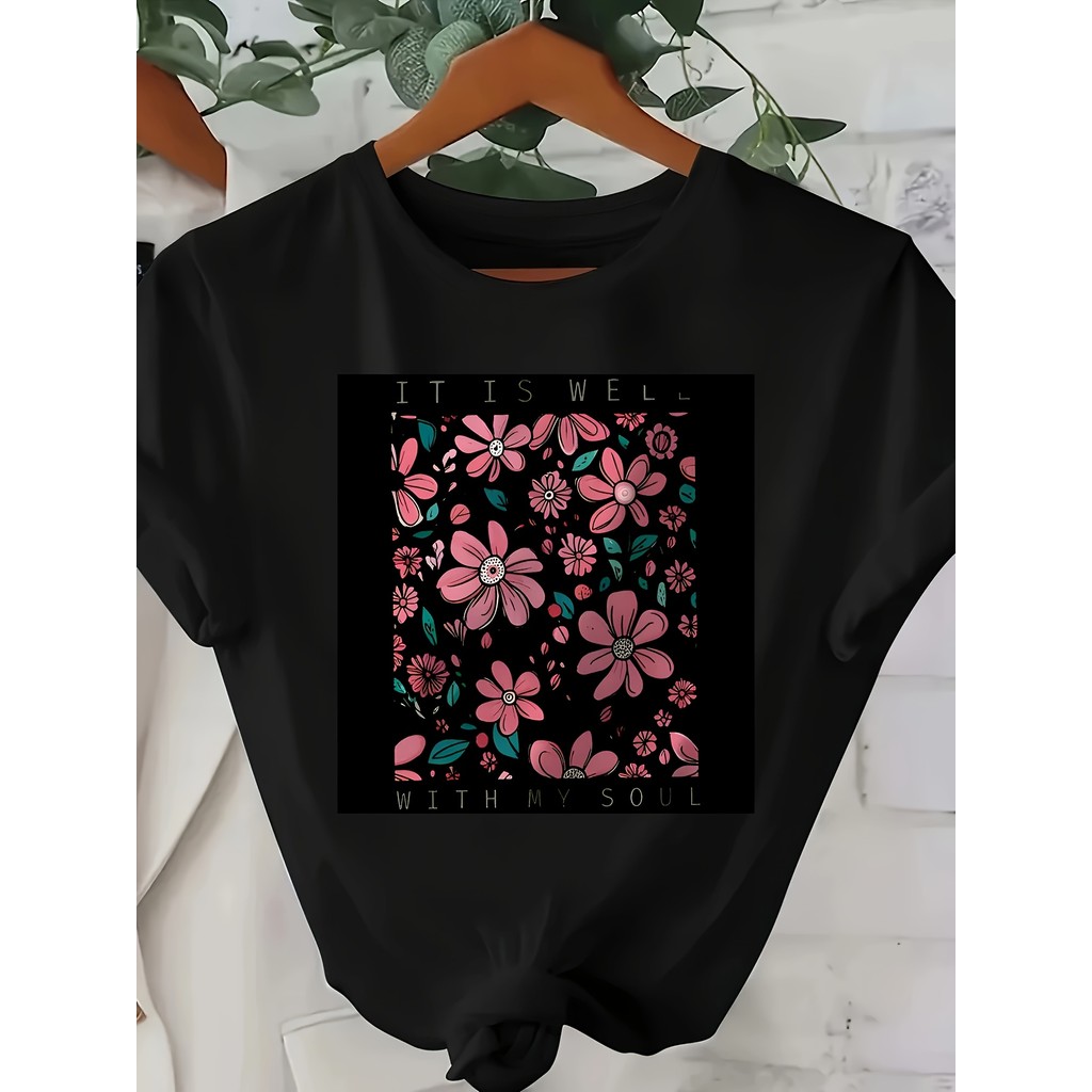 Camiseta Feminina Plus Size Floral Rosas Pink Folhas Azul Verde Estampada Confortavel Versátil Estilosa Casual