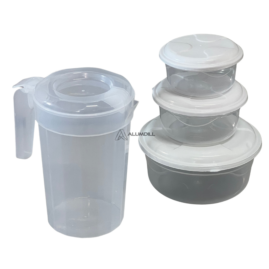 Kit 3 Peças Jarra + Potes Plásticos Redondo Plástico Transparente Tampa Branca Cozinha Utilidades