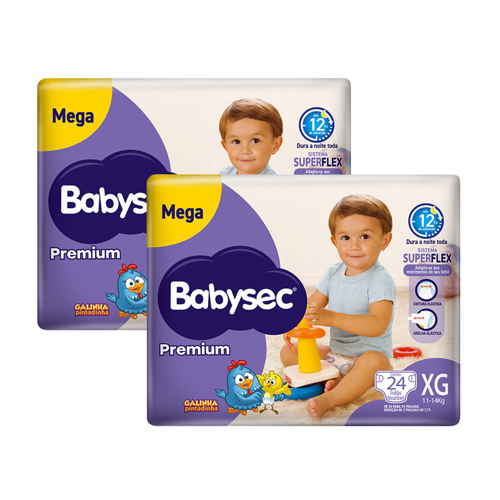 Kit 2 Fralda Babysec Premium Tamanho XG Pacote Mega com 24 Unidades Descartáveis em Oferta na Shopee