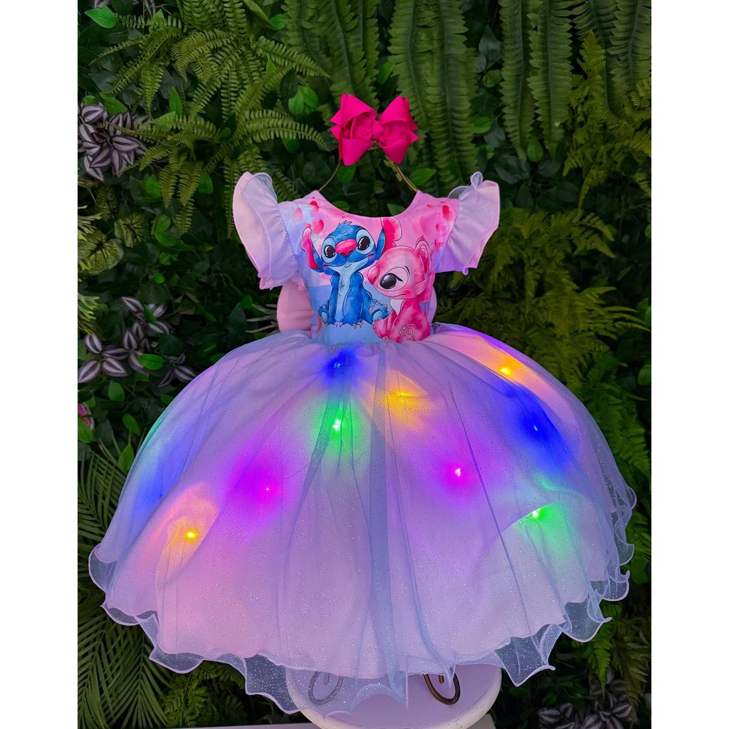 Vestido Infantil Menina Tematicos Lilo Stitch-Rosa Bebe com Led-Festa Aniversário Tema Lilo Stitch