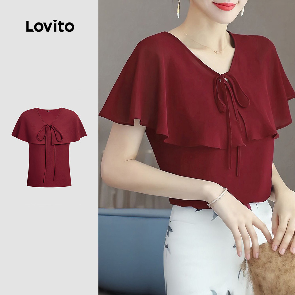 Lovito Blusa Casual De Ano Novo Com Cadarço Cor Vinho Para Mulheres Ideal Para a Primavera/verão L158AD133