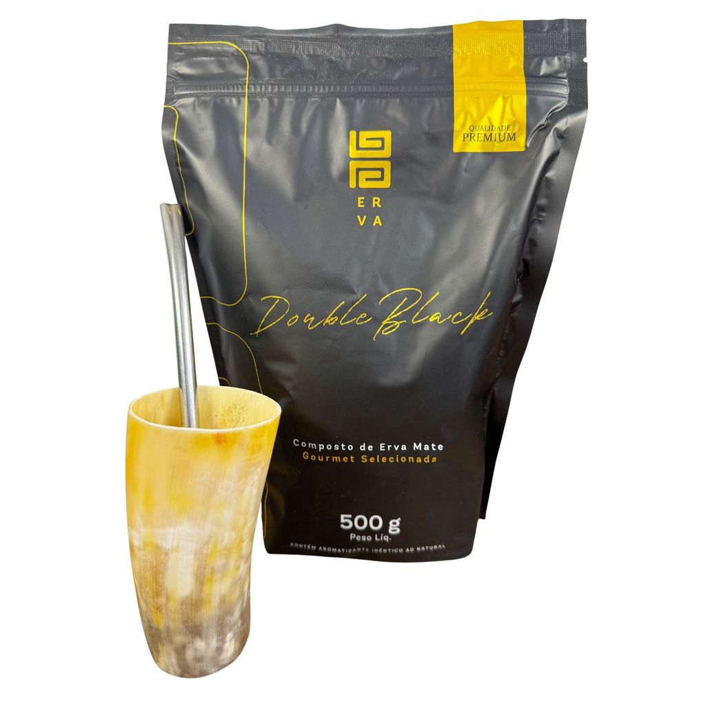Kit Tereré–Guampa Chifre+Bomba+Erva Black Double Black 500g
