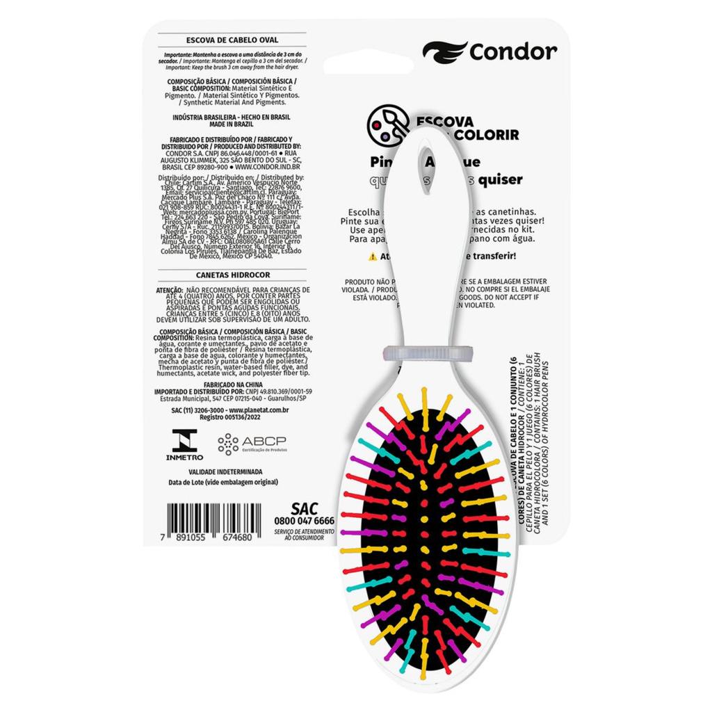 Kit 1 Escova para Cabelo Oval + 6 Canetas Hidrocor Condor para Colorir