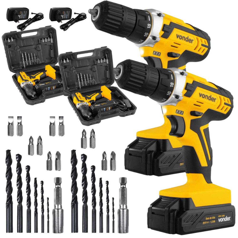 Kit 2 Parafusadeira Furadeira Sem Fio Variável Reversível PFV238 Vonder com Maleta Broca Bits Bivolt em Oferta na Shopee