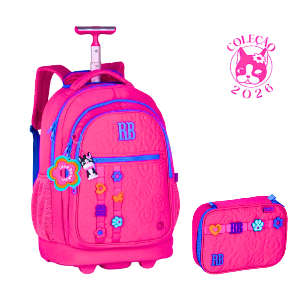 Kit Mochila de Rodinhas Com Estojo Rebecca Bonbon Flower Power - Clio Style Cor:Rosa
