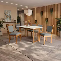 Conjunto Sala de Jantar Eva em Madeira Maciça 6 Cadeiras Boucle Cinza