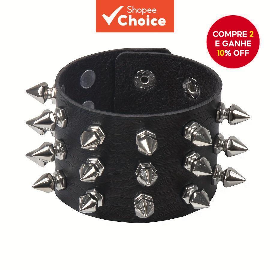 Pulseira de couro gótica punk com picos | Ajustável unissex para hip hop e festas em Oferta na Shopee
