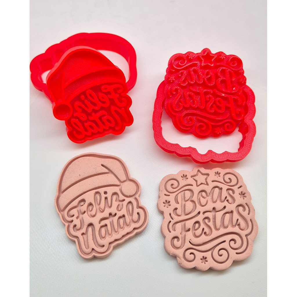 Kit 2 Cortadores e Carimbos Natalinos – Boas Festas + Feliz Natal – Biscoitos Decorados