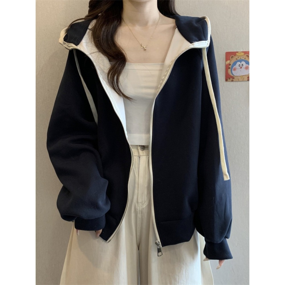 Versão coreana contraste cor com capuz manga comprida moletom jaqueta roupas femininas 2026 outono inverno novo estilo P