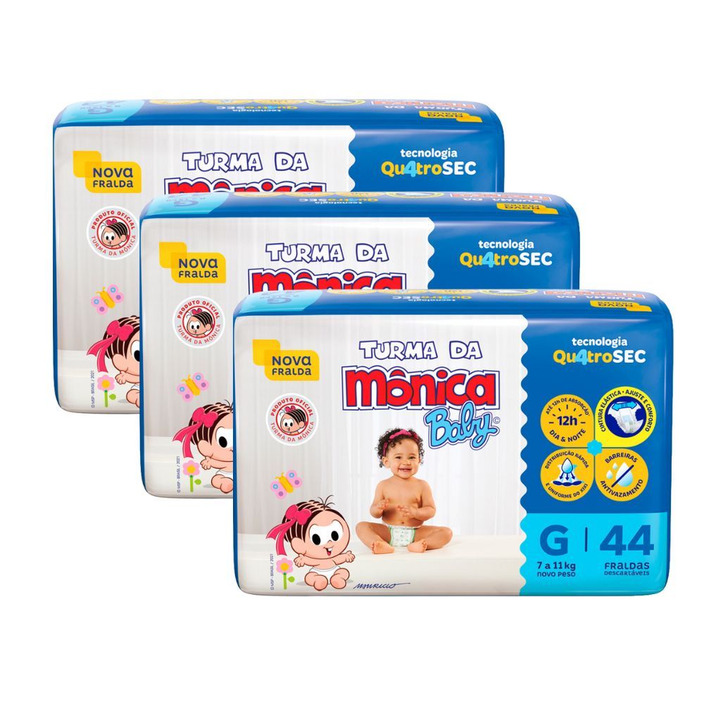 Kit 3 Fralda Turma da Mônica Baby Mega Tamanho G 44 Unidades Descartáveis em Oferta na Shopee