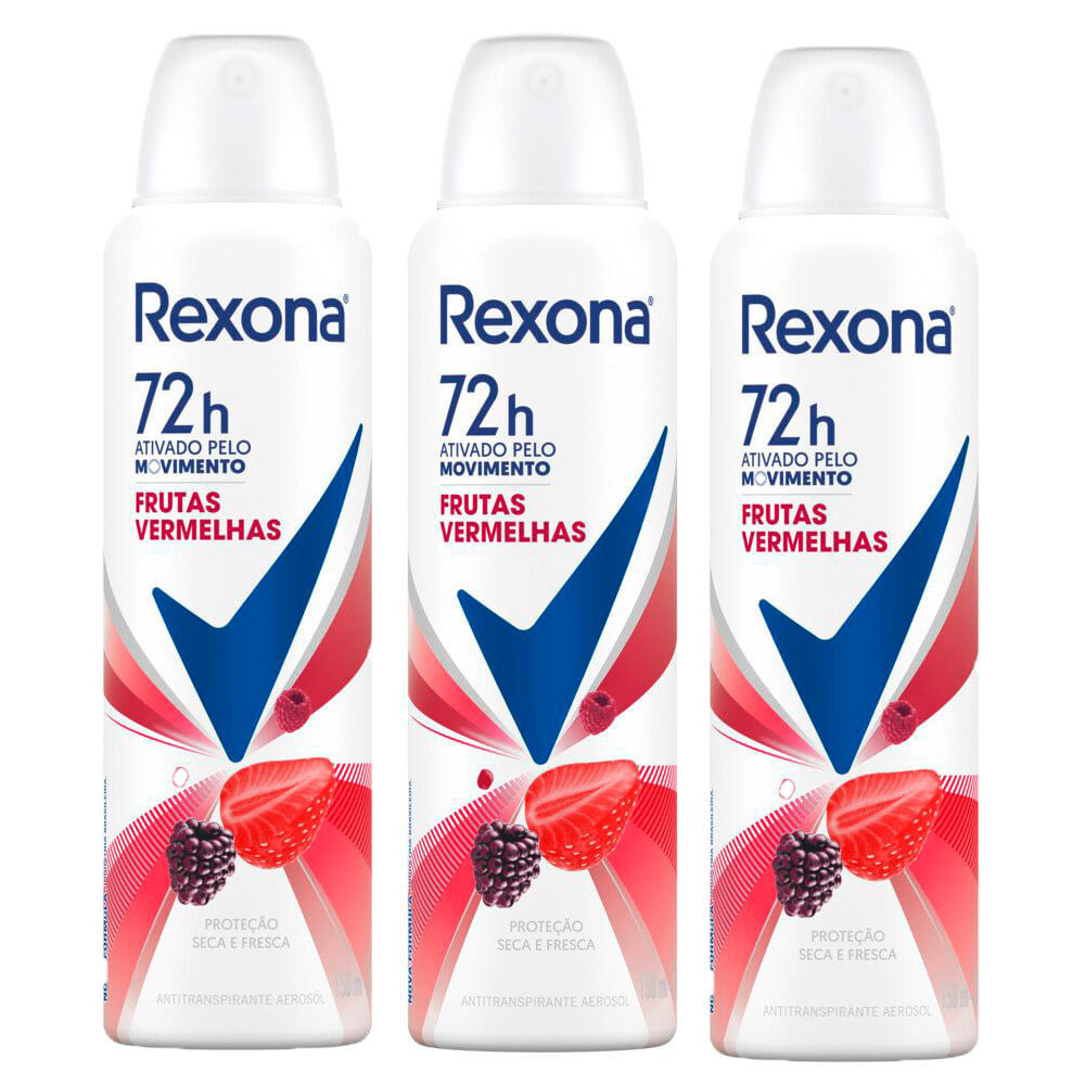 Kit 3 Desodorante Antitranspirante Aerosol Rexona Frutas Vermelhas 72 horas 150ml em Oferta na Shopee