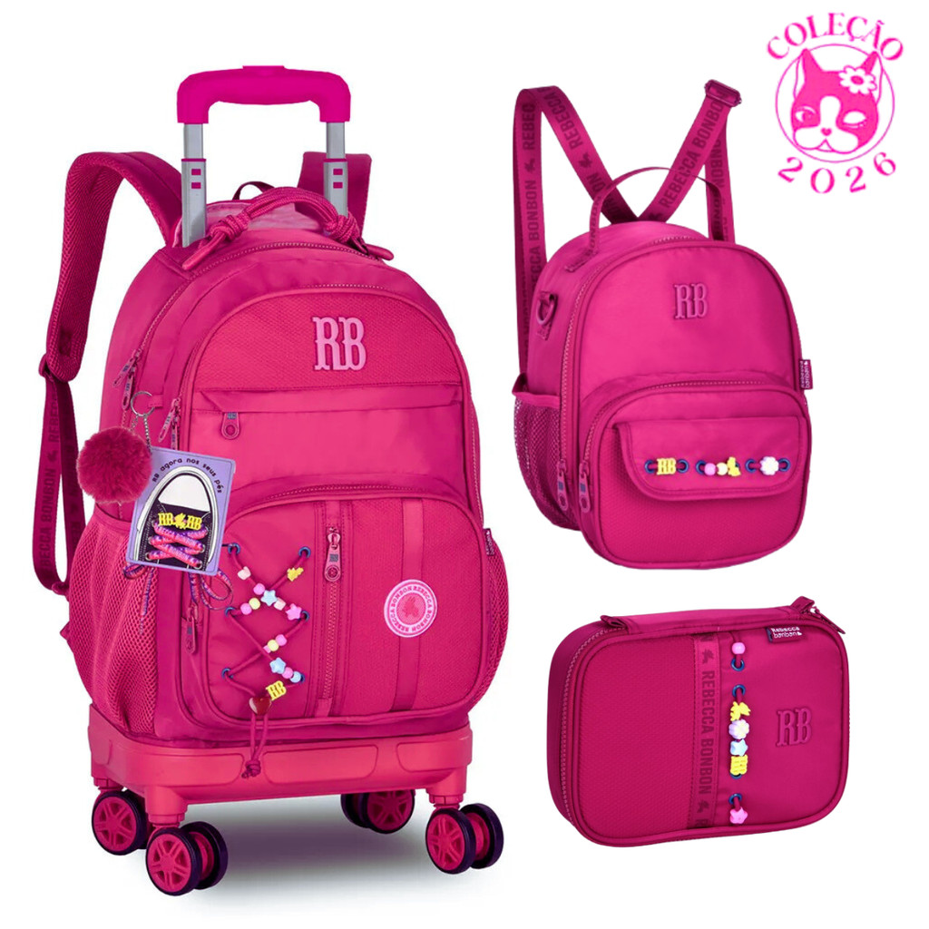 Kit Mochila de Rodinhas 360º Com par de Cadarços,Estojo e Lancheira Rebecca Bonbon Beaded Fun -