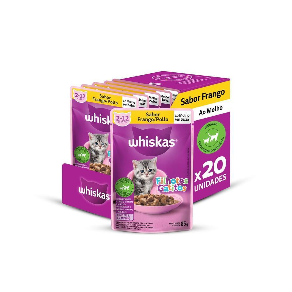 Ração Úmida Whiskas Sachê Frango ao Molho para Gatos Filhotes - 20 Sachês de 85g em Oferta na Shopee