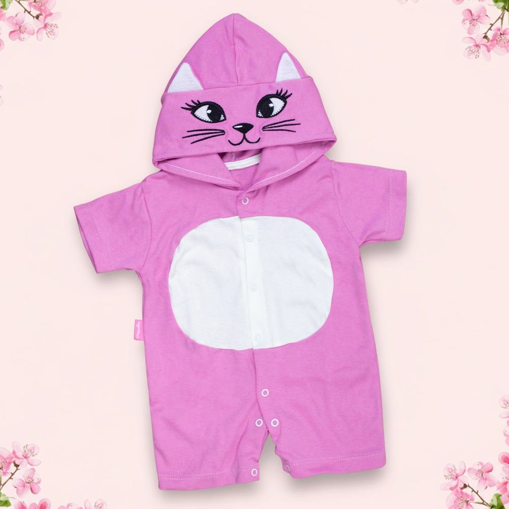 Macacão Fantasia Para Bebê Curto Capuz de Bichinhos Bordado Gatinha Pink