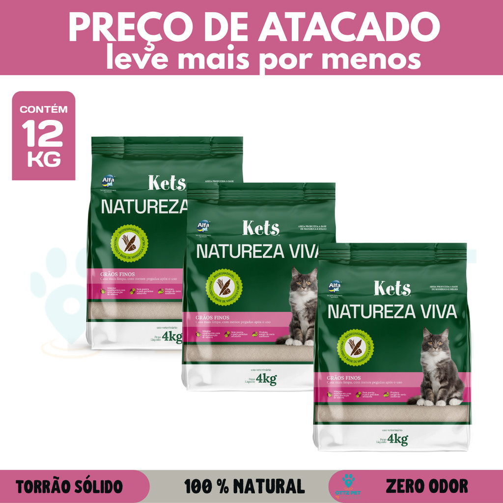 Kit Atacado Areia Higiênica Kets Natureza Viva Fina Milho Mandioca 12kg