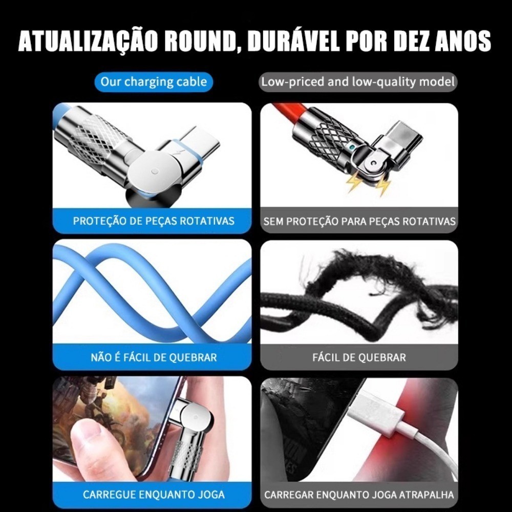 Cabo Carregador Para Carregamento Rápido Tipo C Micro USB iOS Suporta 180 ° Cabos Indicadores LED De Silicone De Rotação - detalhe