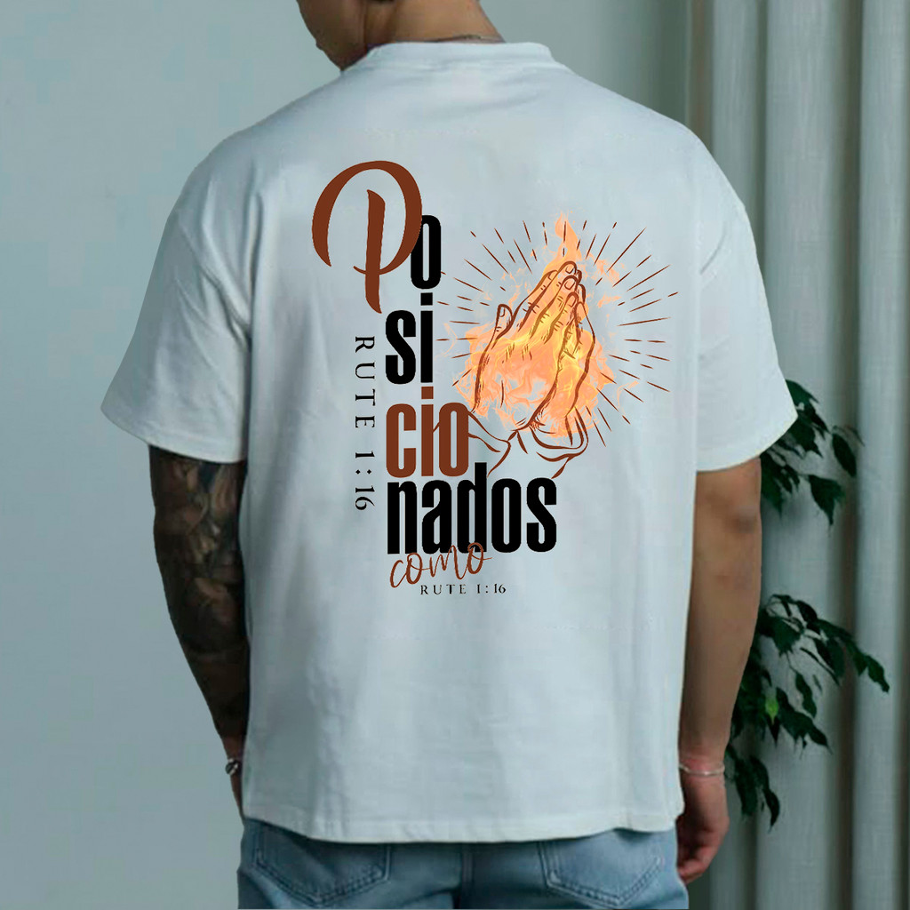 Camiseta Oversized Gospel Posicionados Rute 1:16 Mãos em Oração Streetwear Malha Premium Algodão Conforto