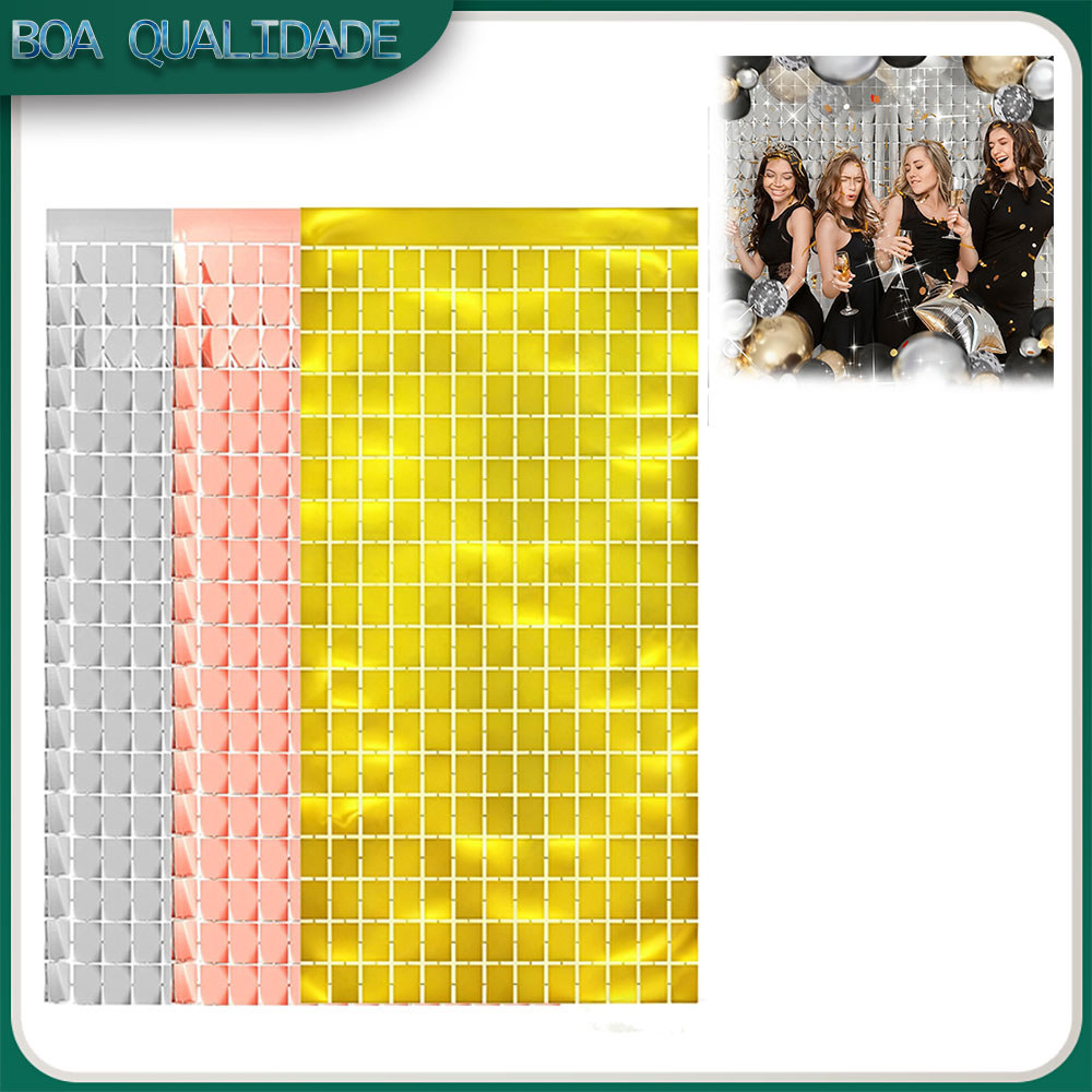 Kit 2 Cortina Metalizada Quadrada Painel Shimmer Wall Dourado Decoração Foil Franja Metálica Prata Festa - 2x1m em Oferta na Shopee