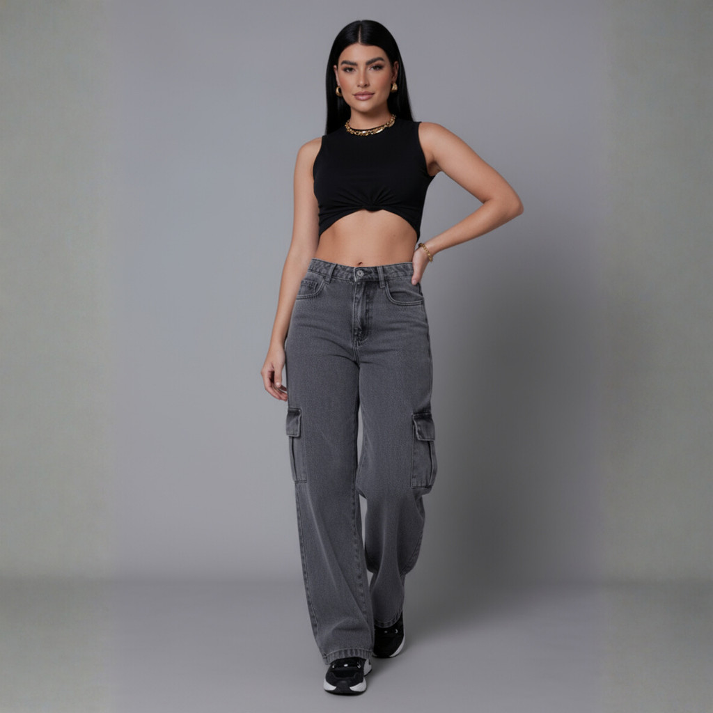 Calça Jeans Cargo Grafite Cinza Feminina Wide Leg Mamorizada Cintura Alta em Oferta na Shopee