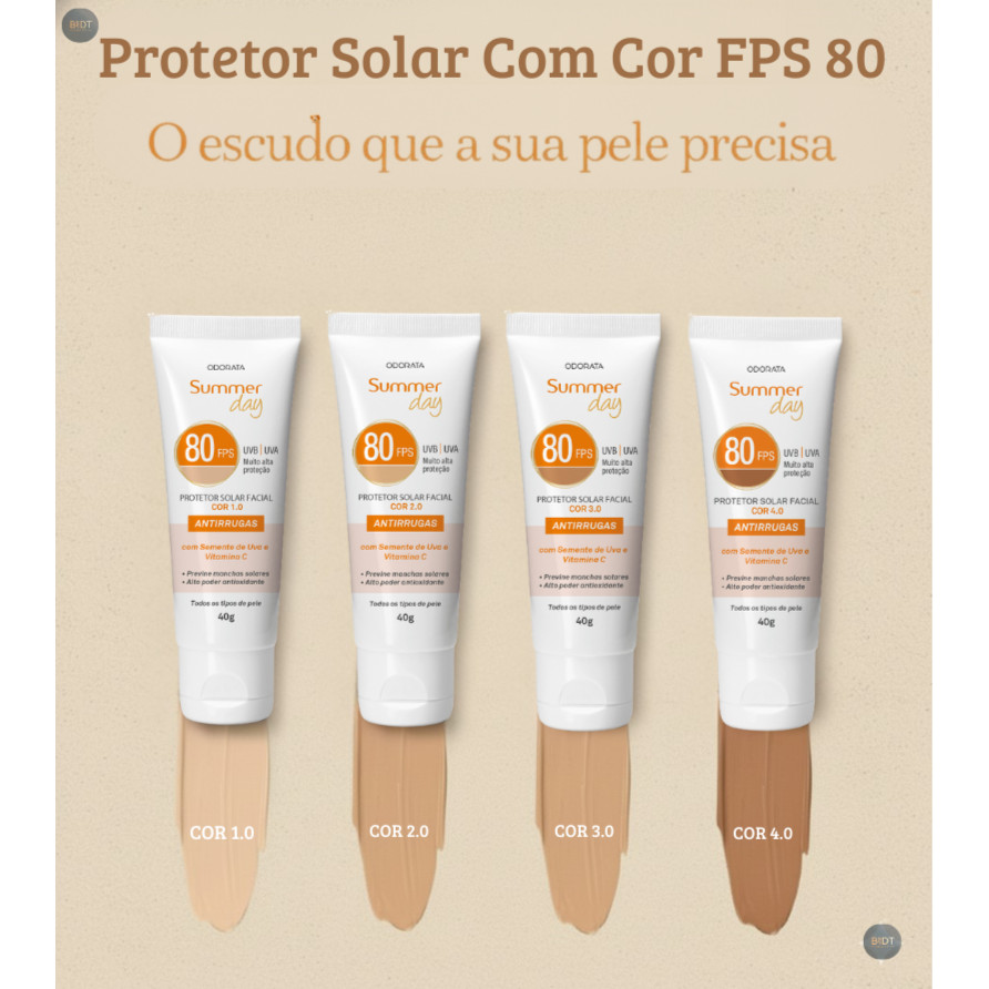 Protetor Solar Facial Antirrugas Com Cor FPS 80 - Summer Day Odorata 40g