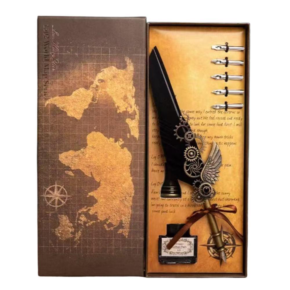 Caneta de Pena Vintage com Suporte Tinteiro e Carimbo - Kit de Escrita ou Decoração — imagem 2 de 2