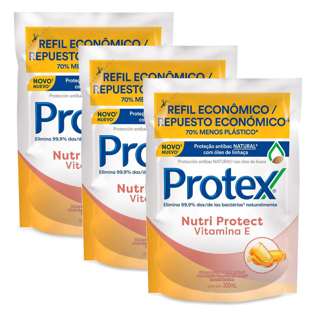 Kit 3 Sabonete Líquido Antibacteriano Protex Nutri Protect Vitamina E 200ml