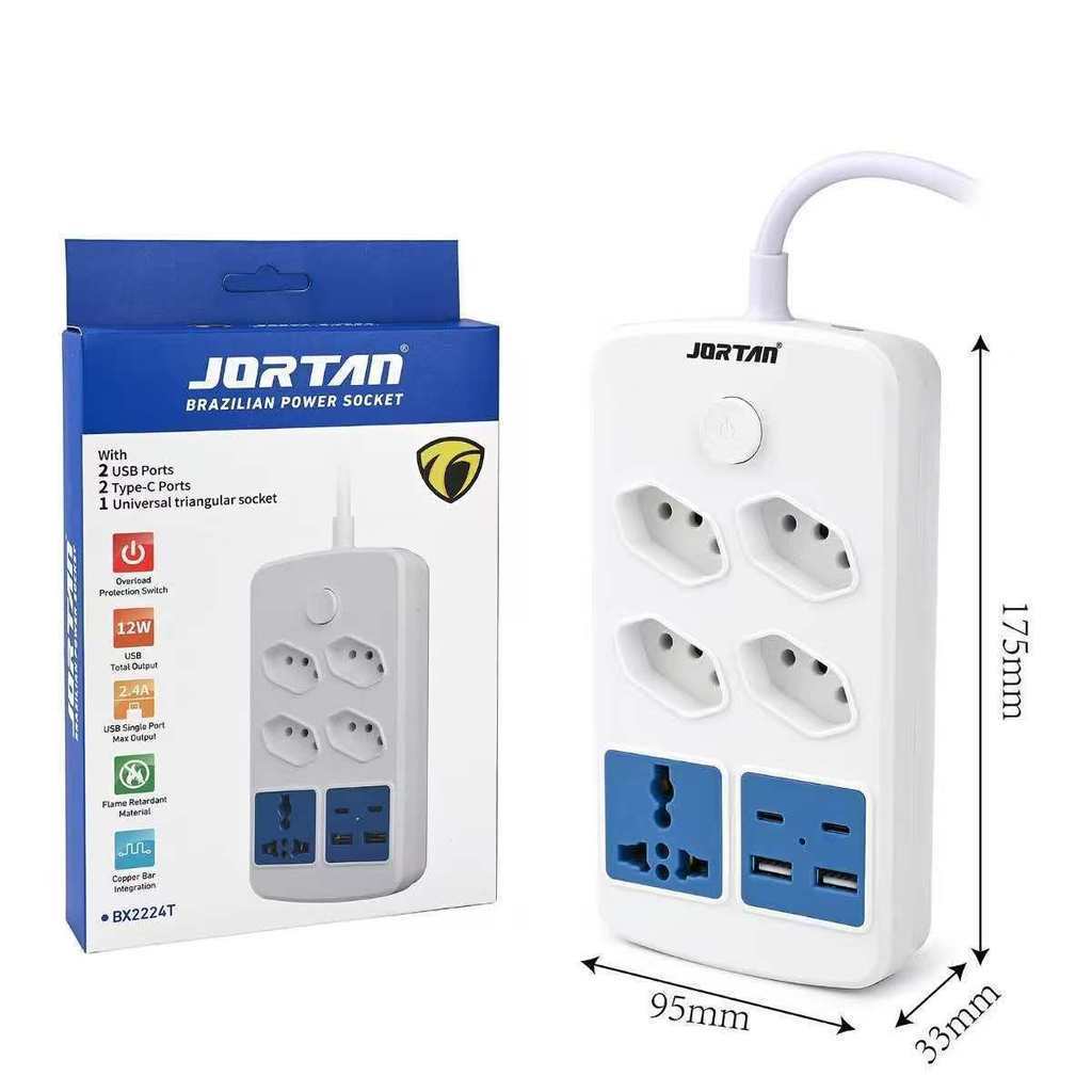 Extensão de Tomada 4 Entradas + USB e Type-C | 2500W | Com Proteção Contra Sobrecarga