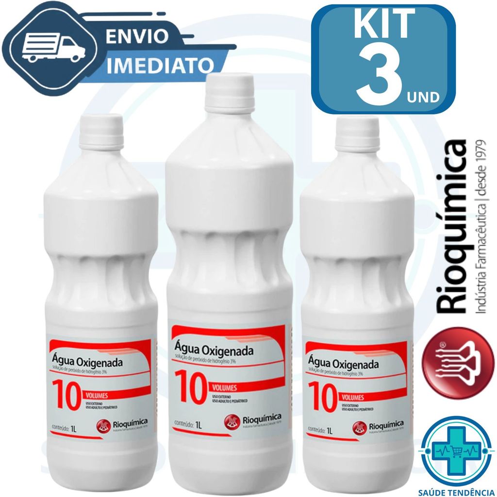 KIT 3 Água Oxigenada 10 Volumes de 1 Litro Rioquímica