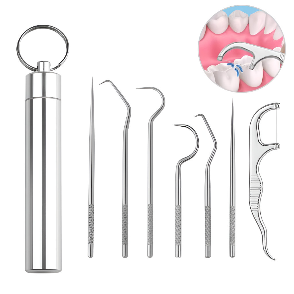 Palitos De Dentes Kit com 7 De Aço Inoxidável Reutilizáveis Portáteis Limpeza Oral em Oferta na Shopee