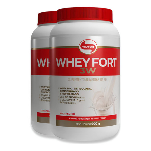 Kit 2 Whey Fort 3w Sabor Neutro Vitafor Pote 900g Pó