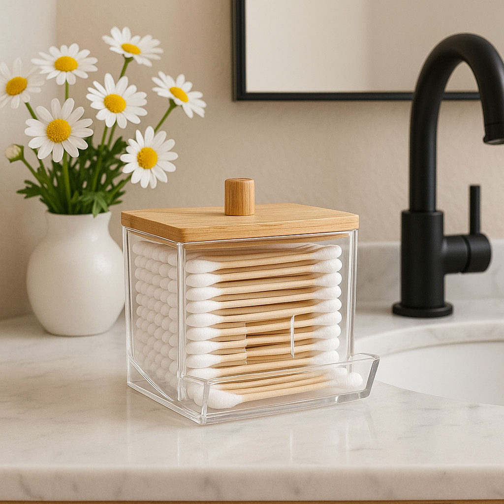 Porta Cotonete Com Tampa de Bambu Organizador Para Banheiro Maquiagem Quarto Penteadeira