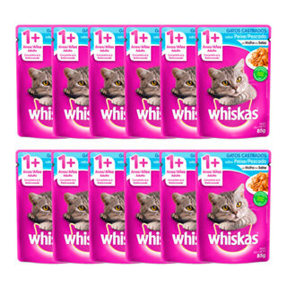 Kit 12 Ração Úmida para Gatos Whiskas Adultos 1+ Anos Castrados Sabor Peixe em Sachê 85g em Oferta na Shopee