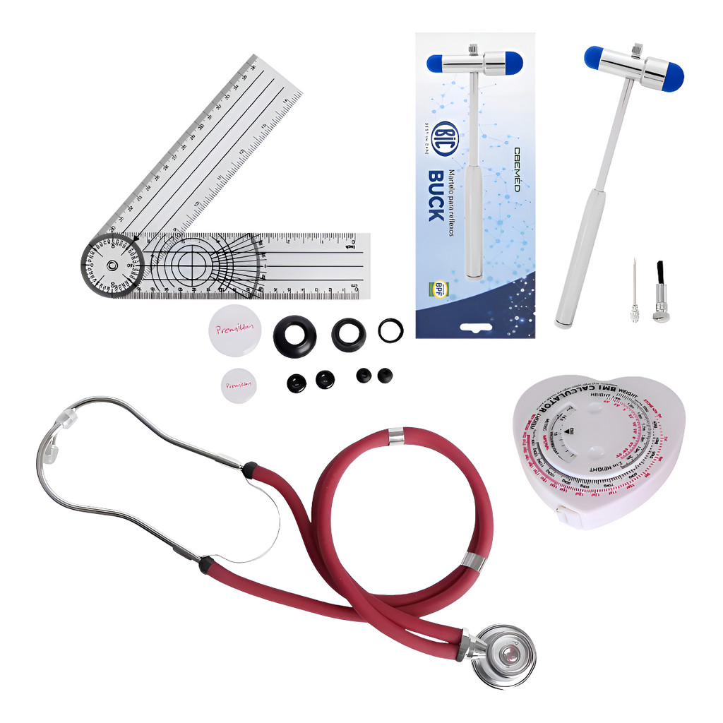 Kit Acadêmico Exame Físico Profissional Estetoscópio Martelo de Reflexo Goniômetro e Fita