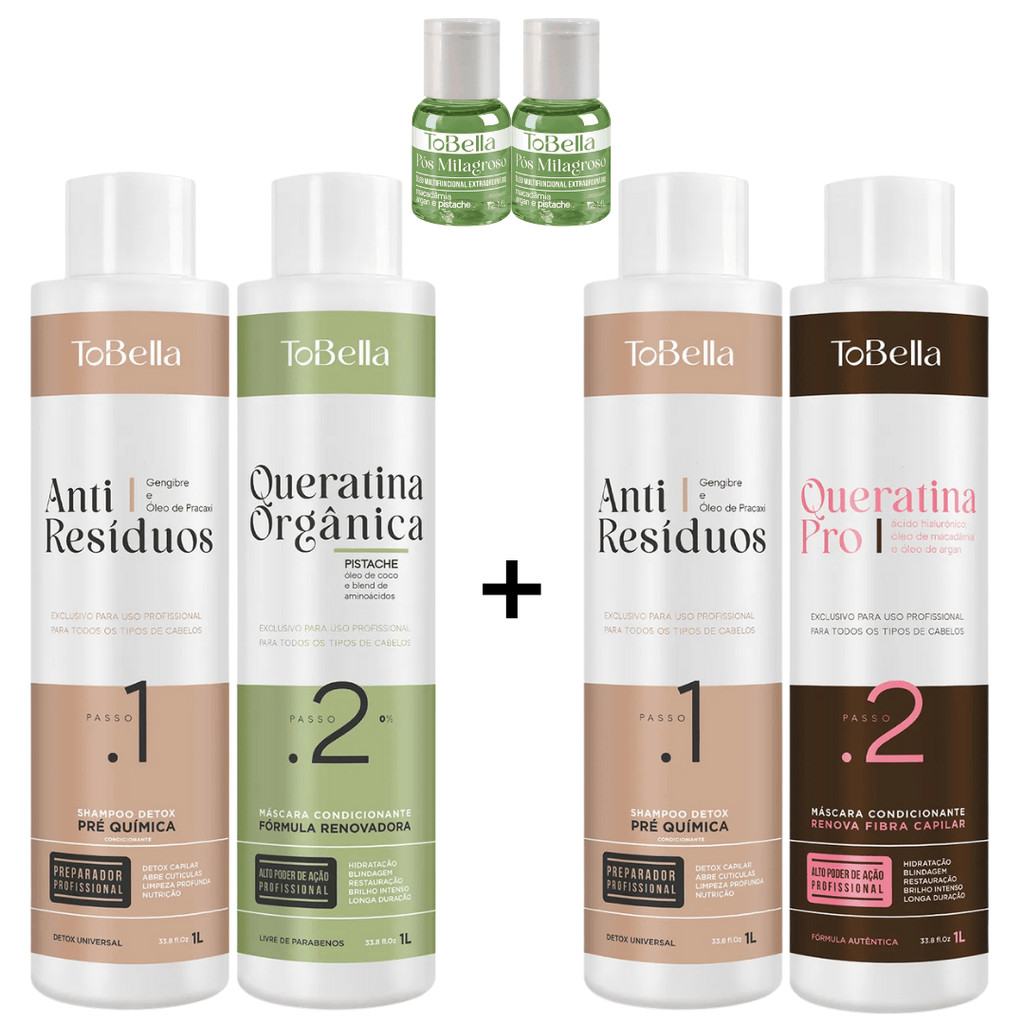Kit Profissional ToBella | Kit Progressiva Queratina Pro + Kit Queratina Orgânica + Brinde | 4x1l
