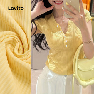 Lovito Camisa Casual de Algodão com Botões Simples de Primavera/verão Amarela para mulheres L155ED040 em Oferta na Shopee