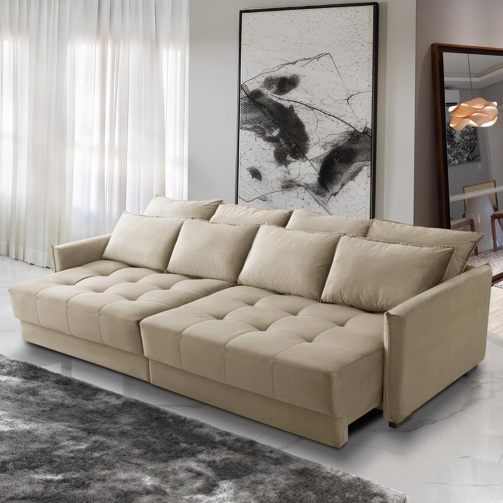 Sofá Cama Retrátil e Reclinável 2,50m com Molas Carol Veludo Bege Adonai Estofados em Oferta na Shopee
