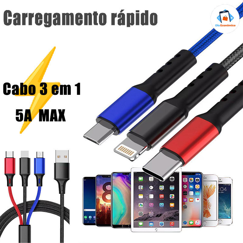 Cabo 3 em 1: Um Cabo para iPhone, Android e Todos os Dispositivos! Carregamento Rápido de Alta Velocidade！