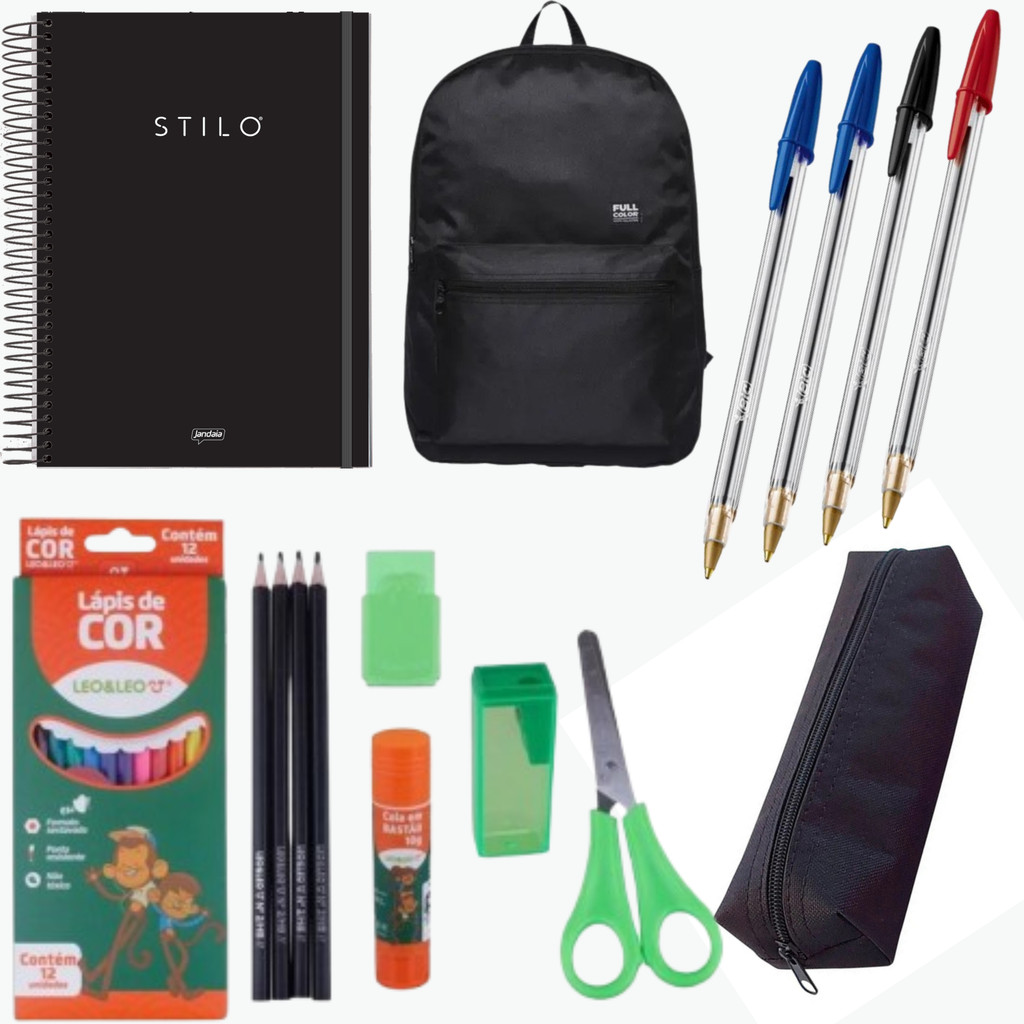 Kit escola mochila+estojo+caderno+material escolar colorido