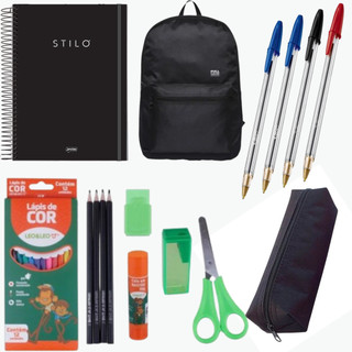 Kit escola mochila+estojo+caderno+material escolar colorido
