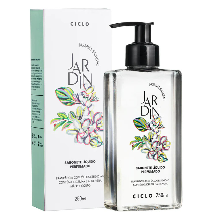 SABONETE LÍQUIDO PERFUMADO CICLO JARDIN JASMIM SAMBAC 250ML COM ÓLEOS ESSENCIAS ALOE VERA GLICERINA