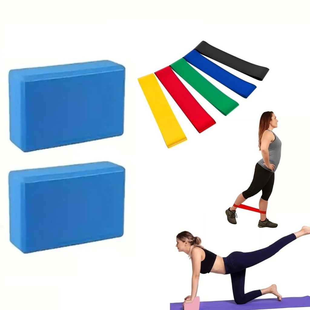 Bloco Yoga Pilates Fisioterapia Tijolo EVA 2UND+Kit 5 Faixa Elástica Mini Band